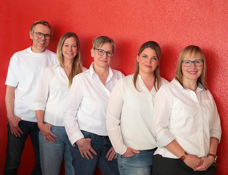 Fünf Menschen aus dem Nickel-Team stehen in einer Reihe vor einer Roten Wand.